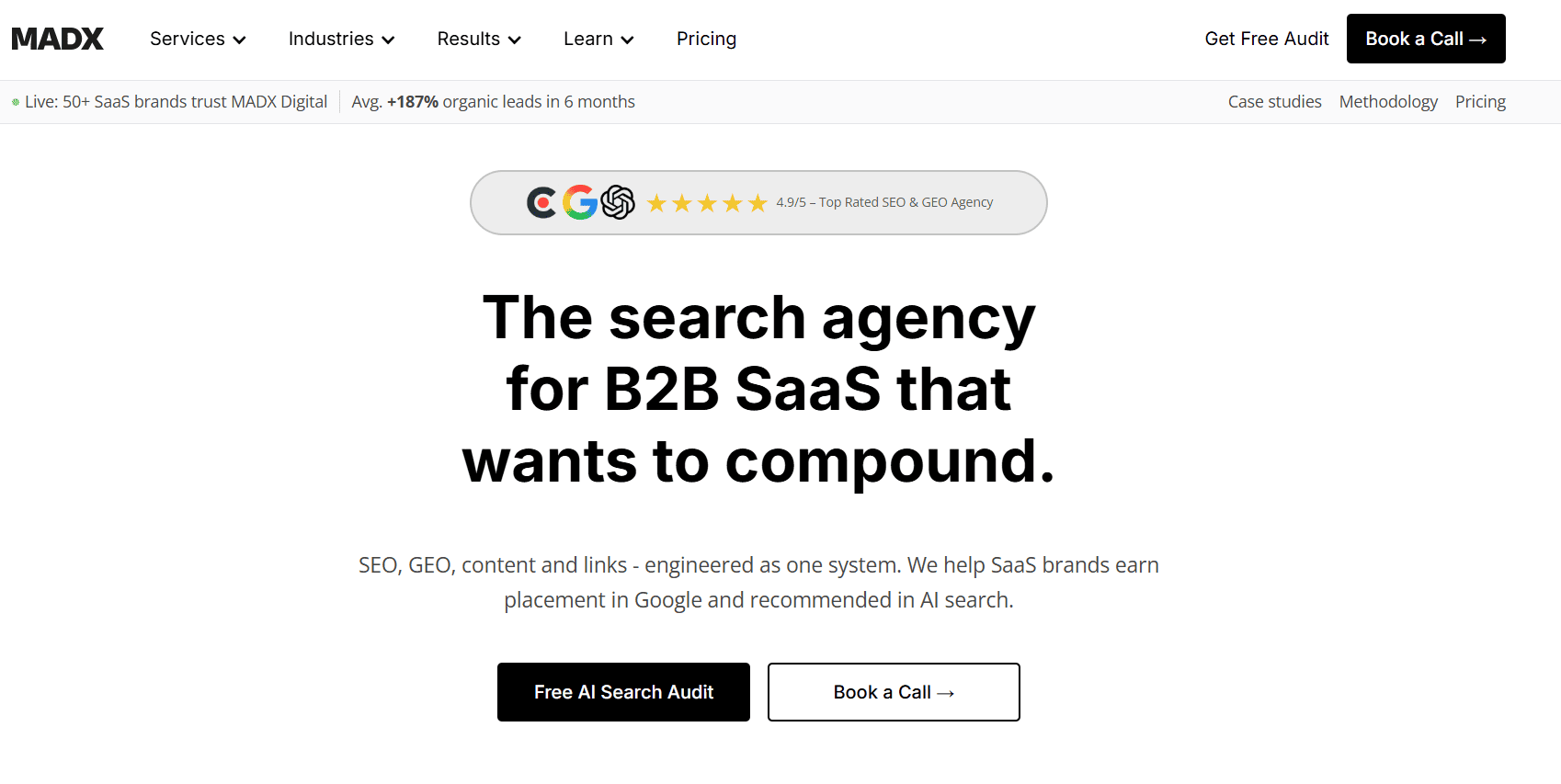 MADX homepage showing search agency services for B2B SaaS companies with SEO, GEO, content, and link-building.