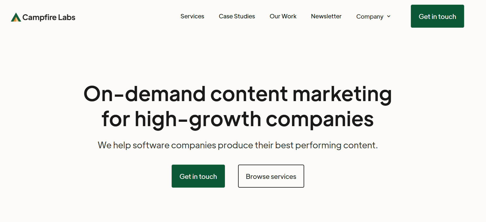 Campfire Labs homepage showing on-demand content marketing services for high-growth software companies.