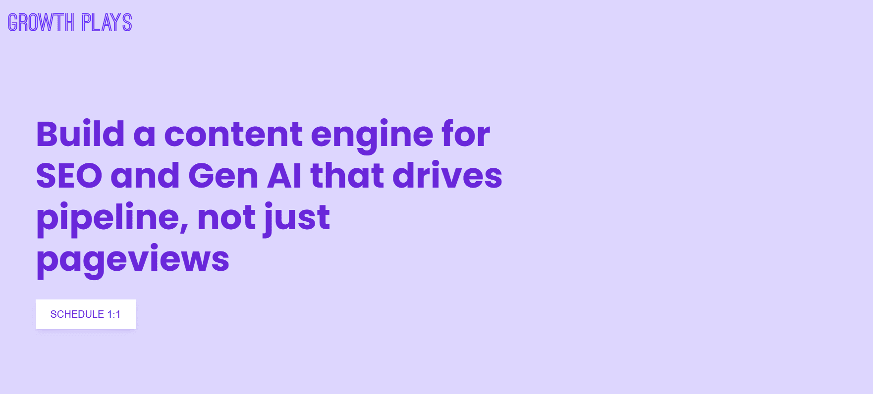 Growth Plays homepage showing content engine services for SEO and generative AI pipeline growth.