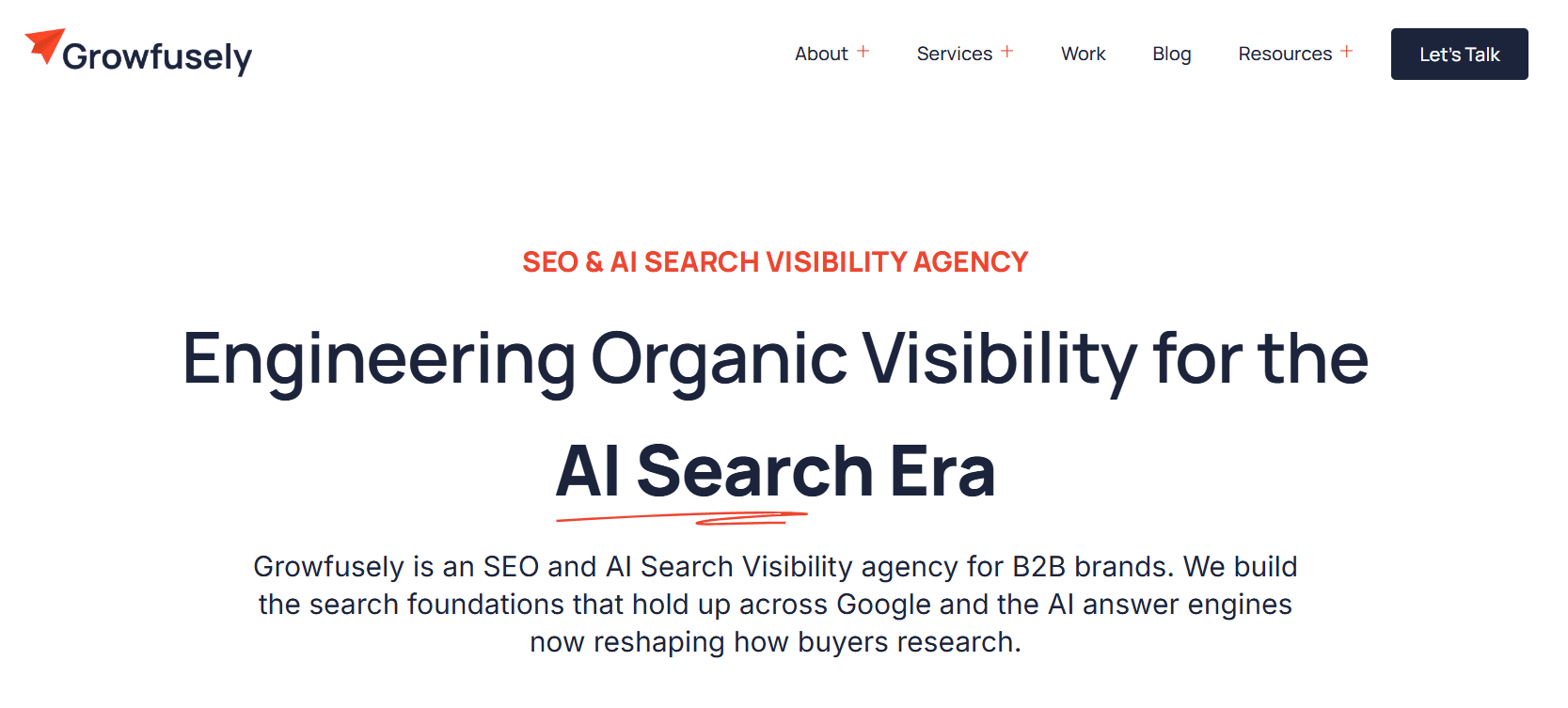 Growfusely homepage showing SEO and AI search visibility services for B2B brands.