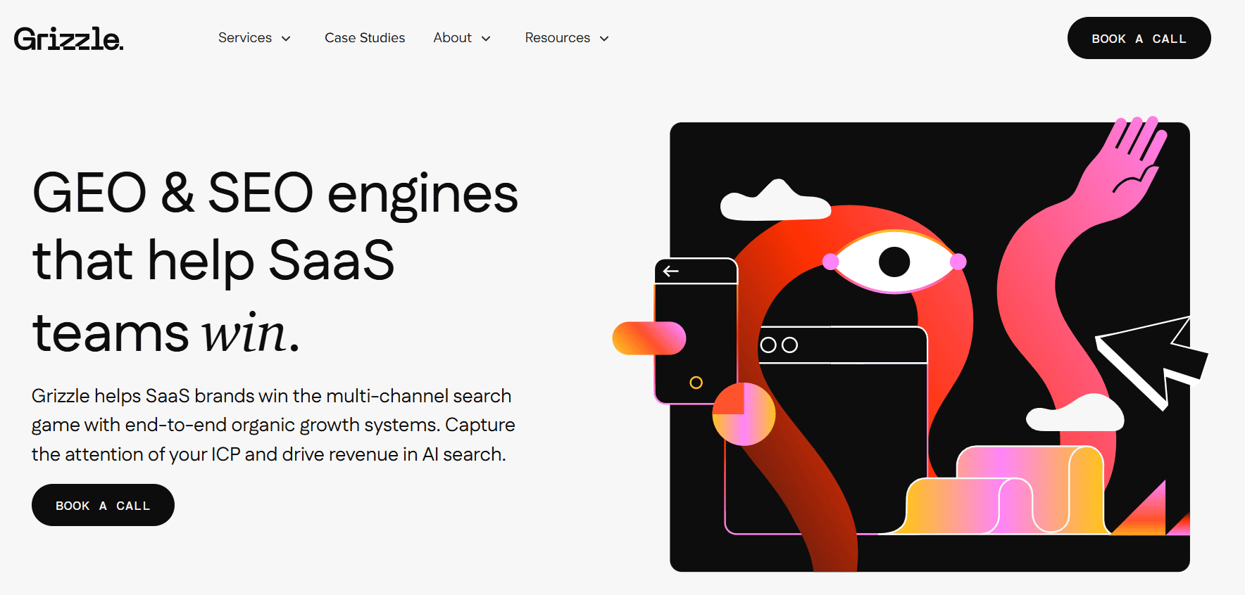 Grizzle homepage showing GEO and SEO services for SaaS teams with organic growth messaging.