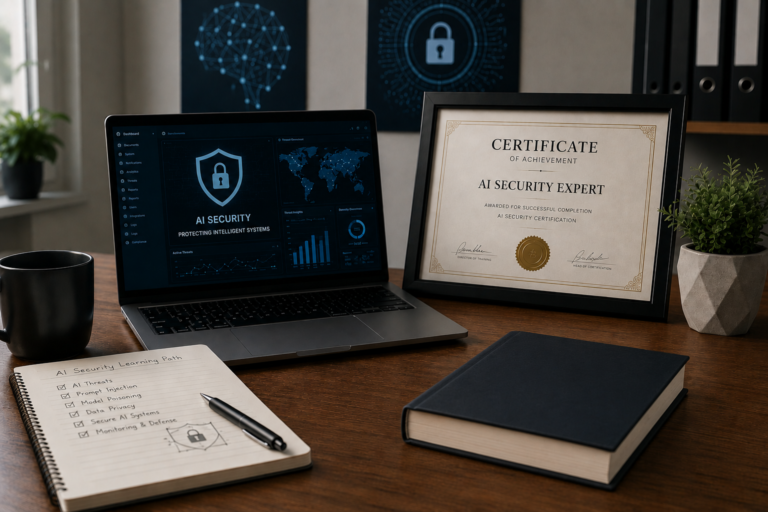 Laptop displaying an AI security dashboard beside a framed AI security expert certificate, notebook checklist, and cybersecurity-themed office items.