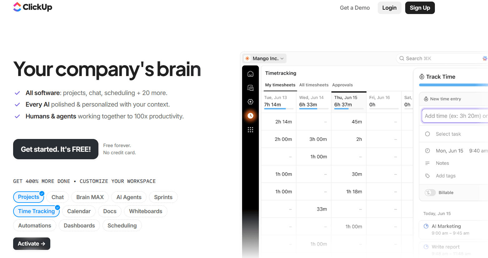 ClickUp CRM and project management dashboard with time tracking, tasks, and productivity tools