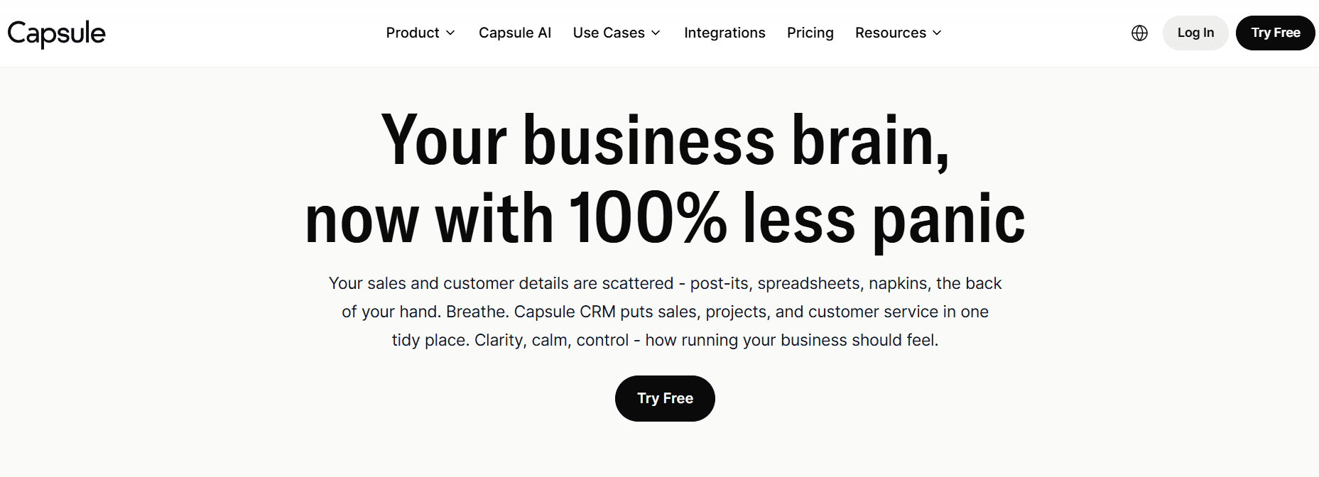 Capsule CRM homepage showing simple customer relationship management solution for small businesses
