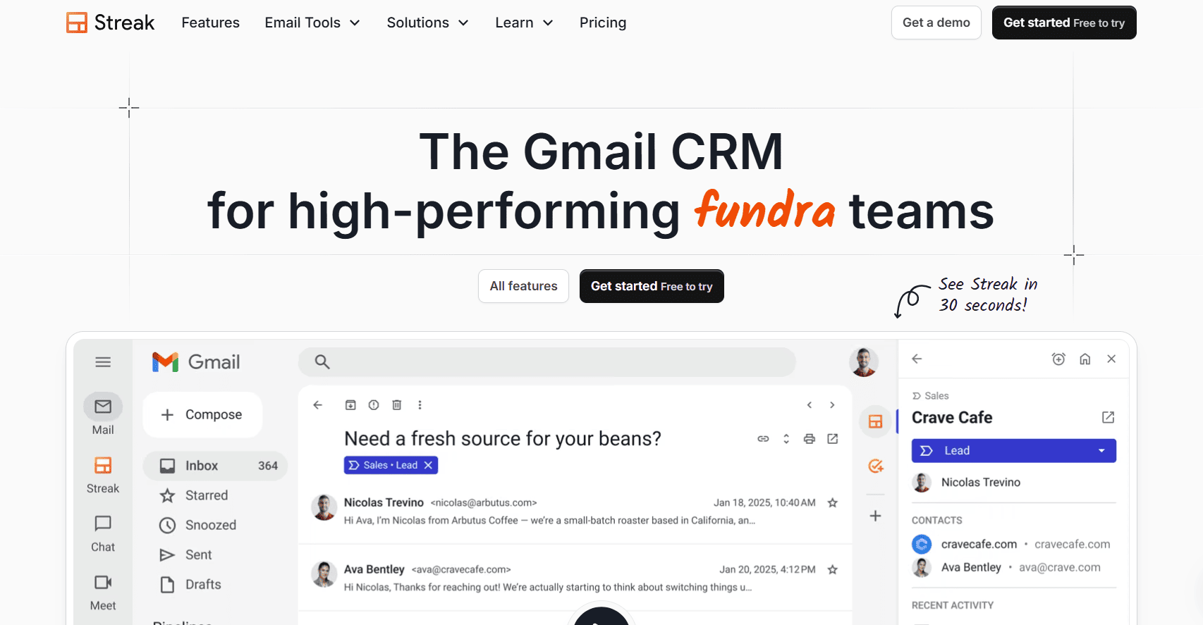 Streak CRM inside Gmail showing email-based pipeline and lead management for sales teams