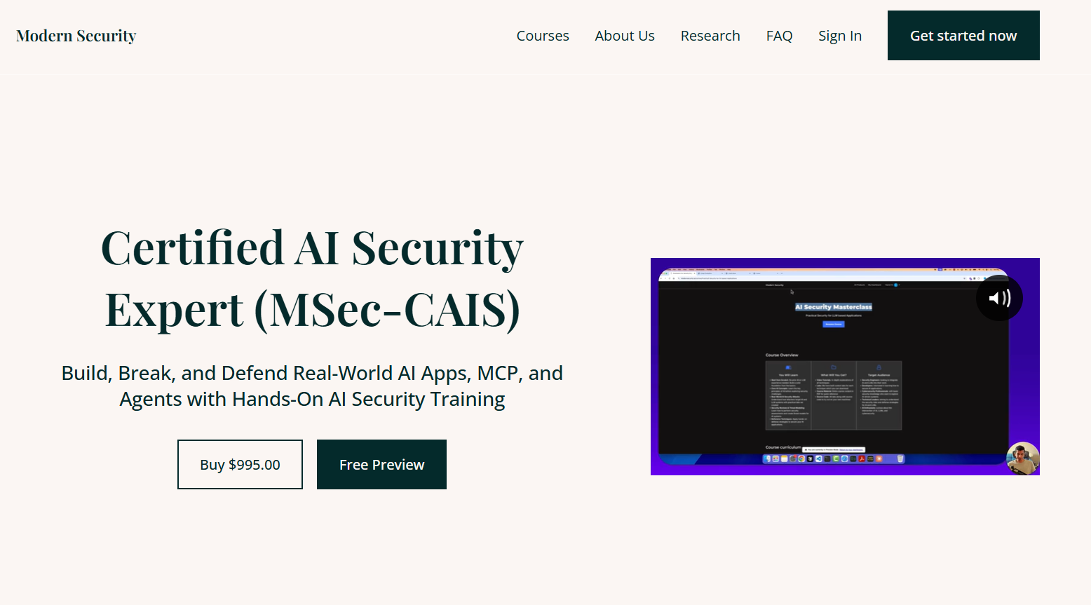 Modern Security course page showing Certified AI Security Expert training with pricing, free preview, and course video section.