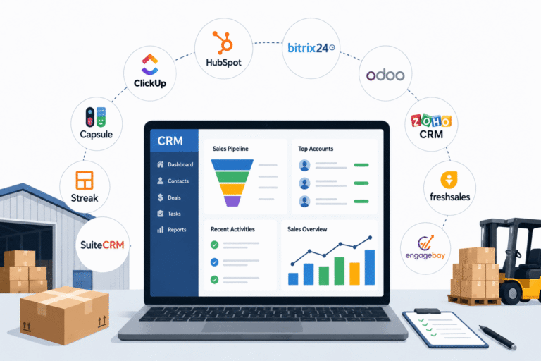Free CRM software dashboard on laptop with tools like HubSpot, Zoho, and Bitrix24 for distributors