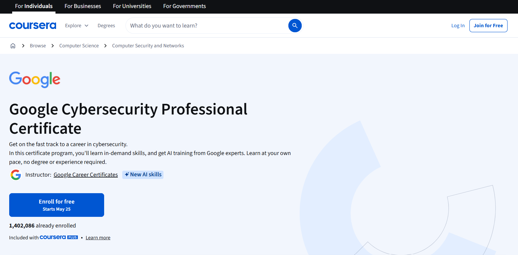 Coursera page showing the Google Cybersecurity Professional Certificate with enrollment details and AI skills training.