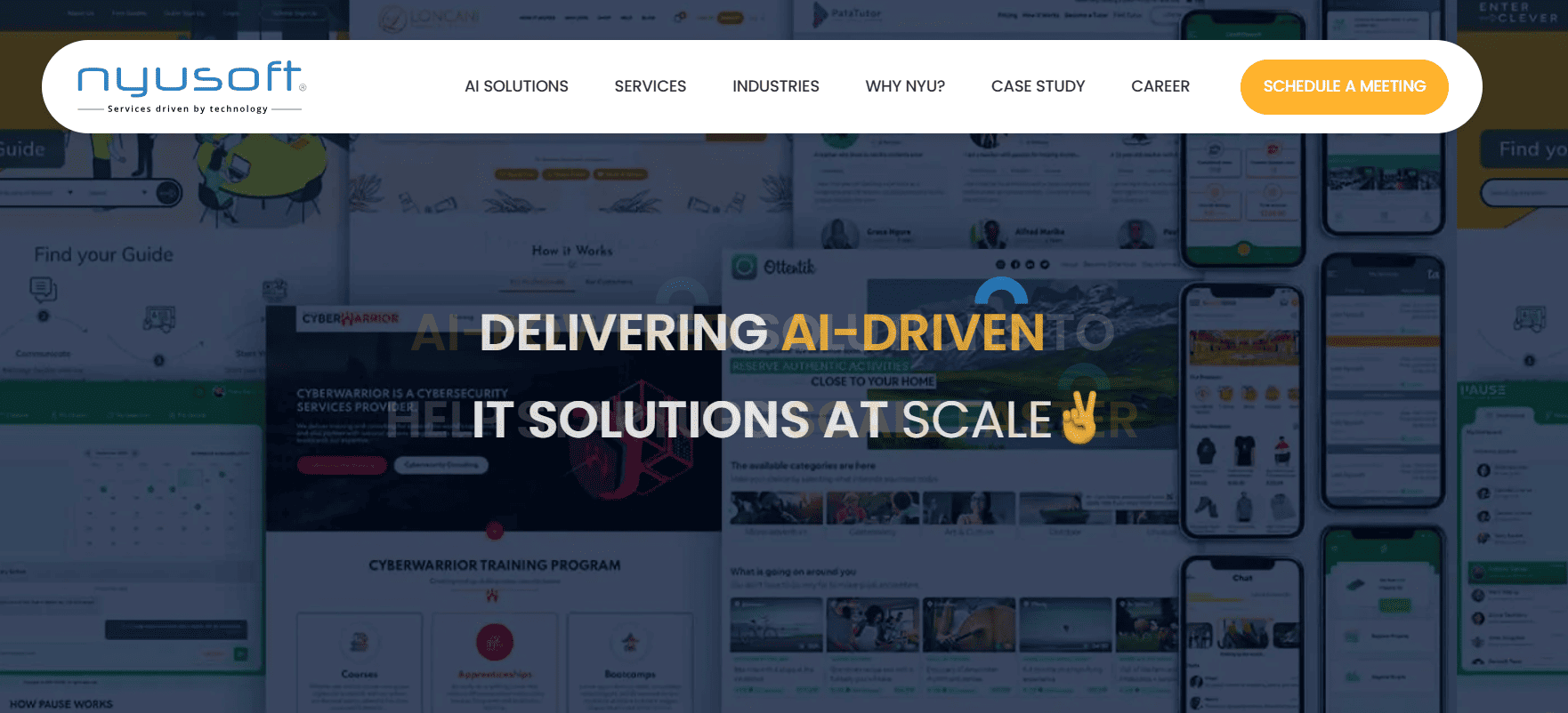 Nyusoft homepage showing AI-driven IT solutions at scale with mobile and web application examples.