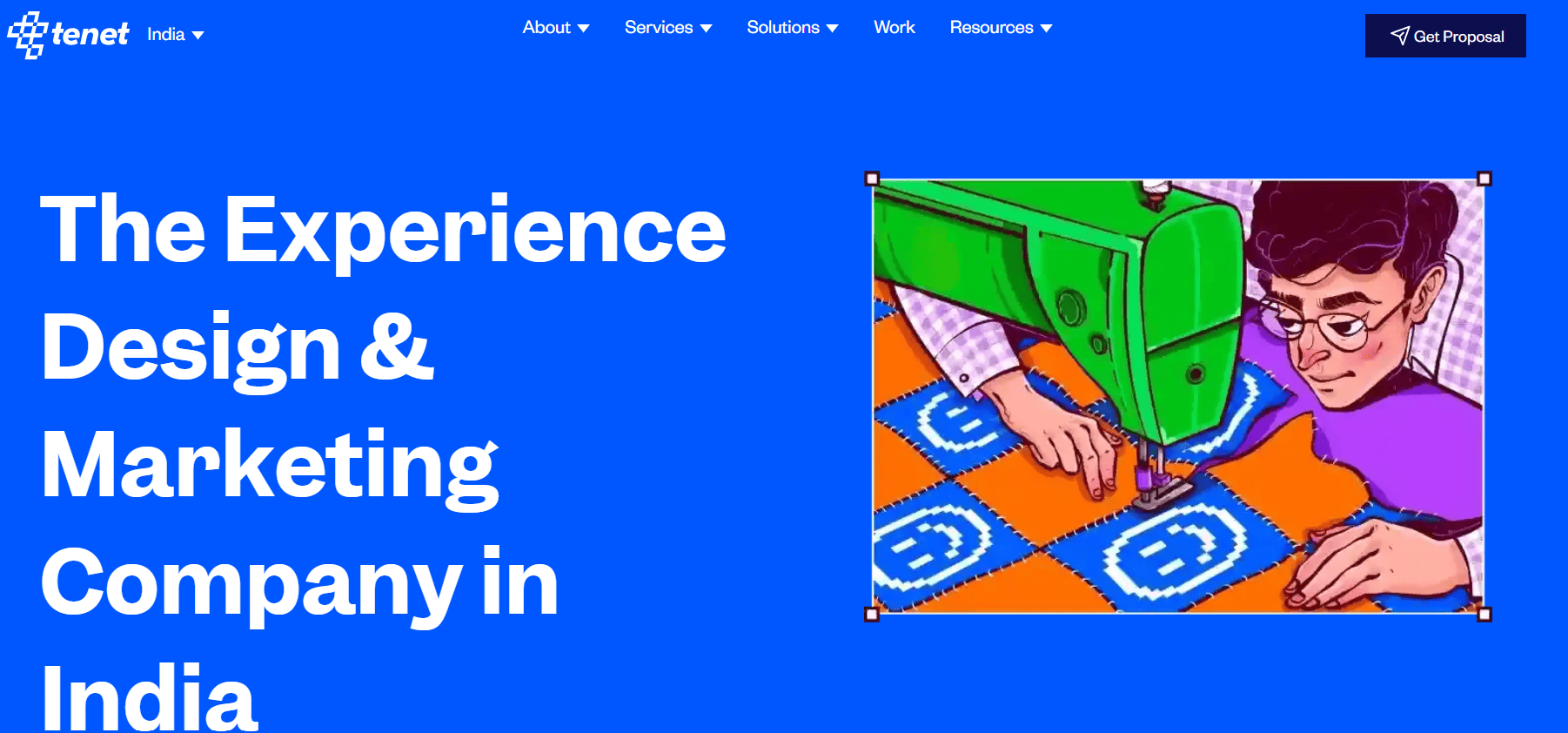 Tenet homepage showing experience design and marketing company services in India with a proposal call-to-action.