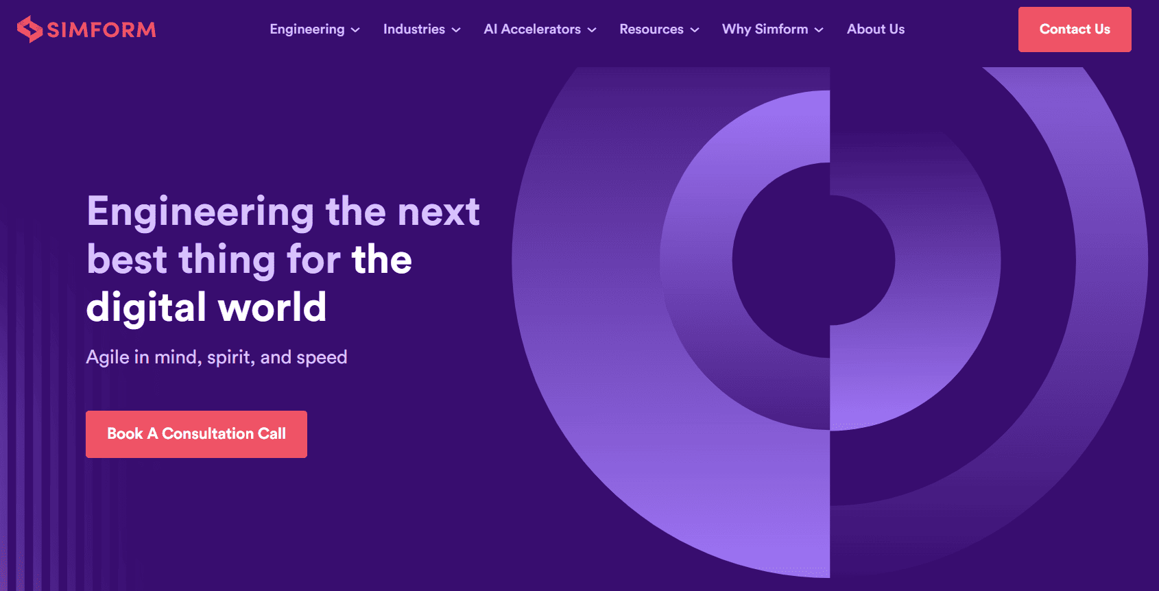 Simform homepage showing digital engineering services with a consultation call button.