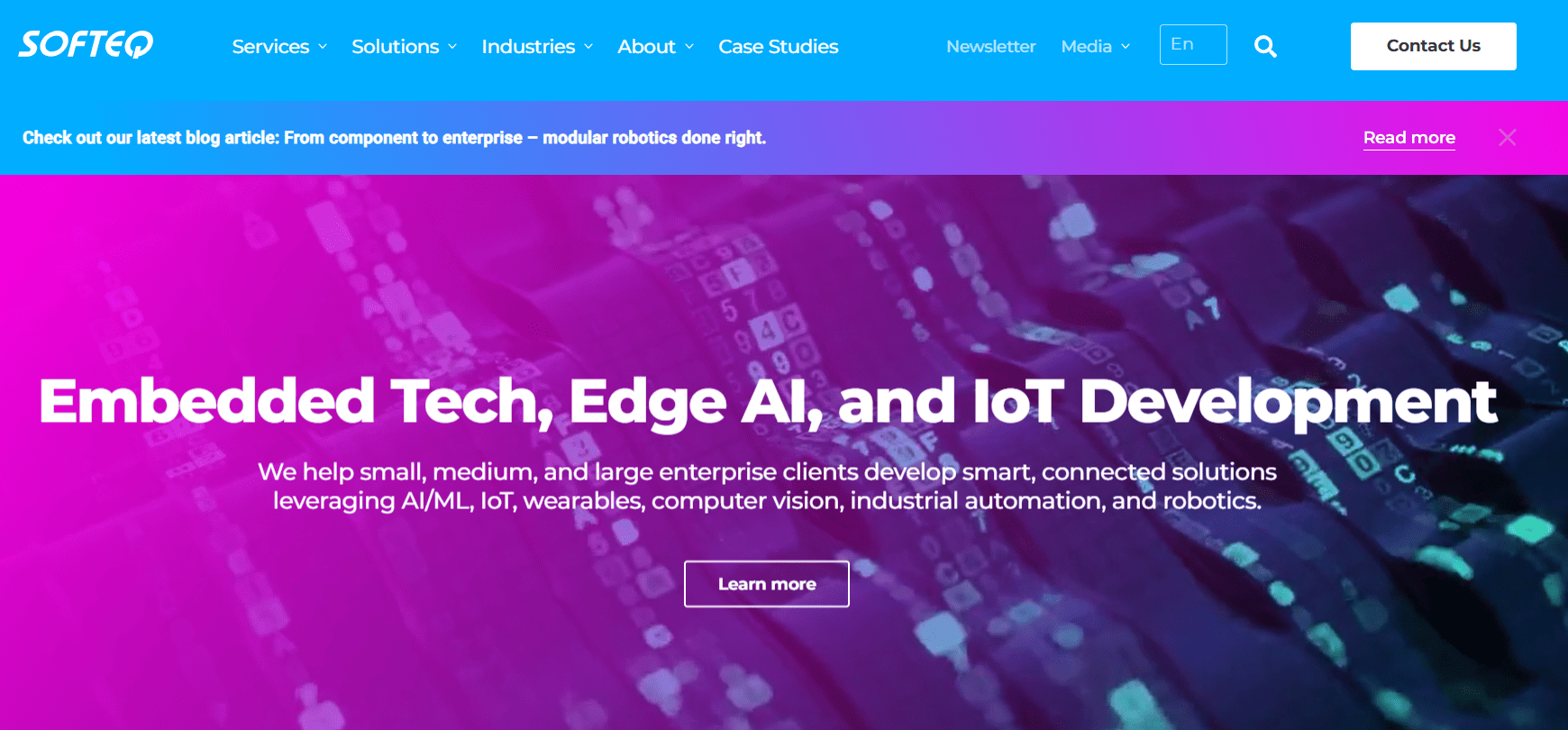 Softeq homepage showing embedded tech, edge AI, and IoT development services for enterprise clients.