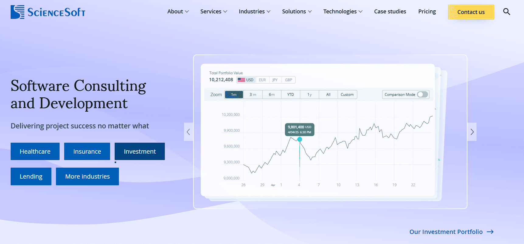 ScienceSoft homepage showing software consulting and development services for industries like healthcare, insurance, investment, and lending.