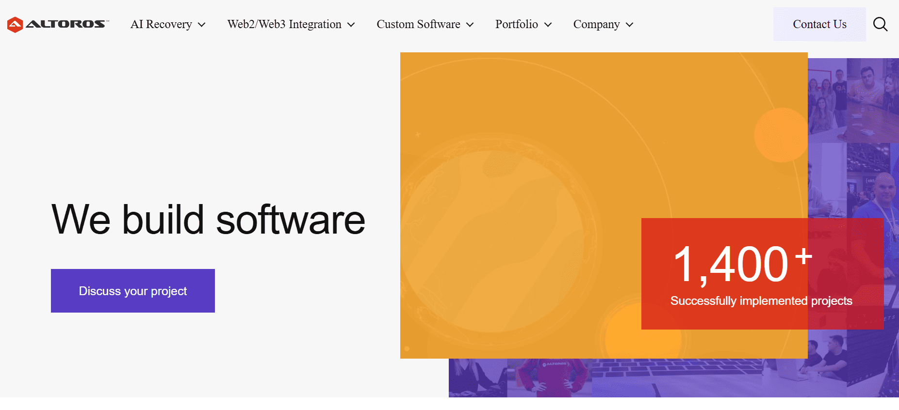 Altoros homepage showing software development services with project success statistics and contact options.
