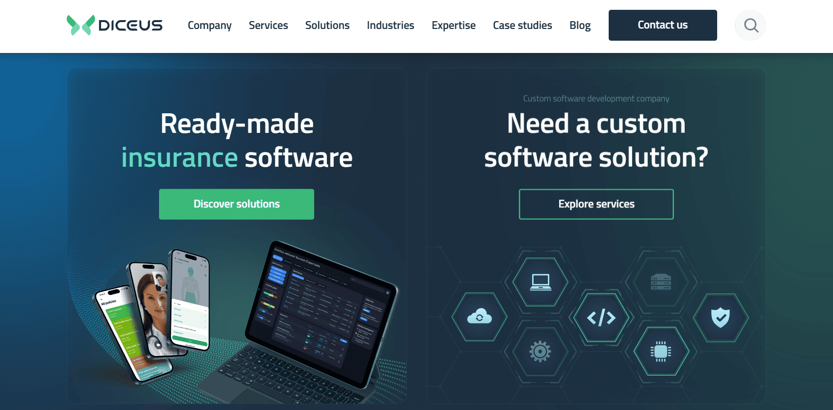 Diceus homepage showing ready-made insurance software and custom software development solutions.
