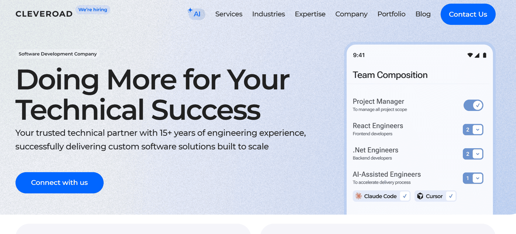 Cleveroad homepage showing software development services with technical success messaging and team composition interface.
