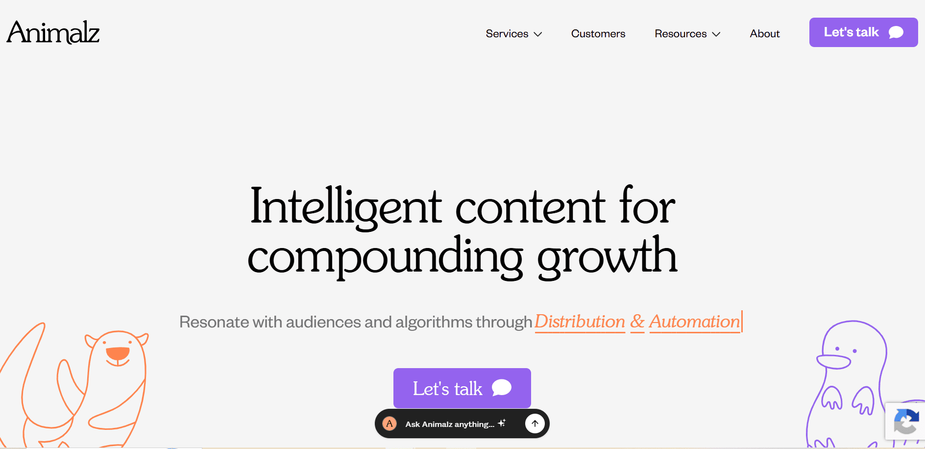 Animalz homepage showing intelligent content services for compounding growth with distribution and automation messaging.