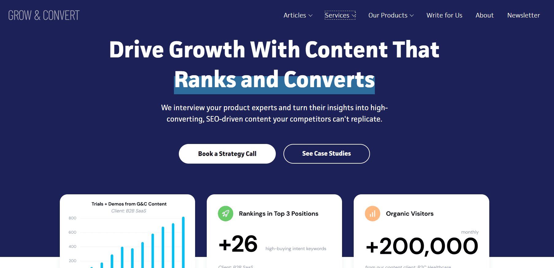 Grow and Convert homepage showing SEO-driven content marketing services with ranking and organic visitor result cards.