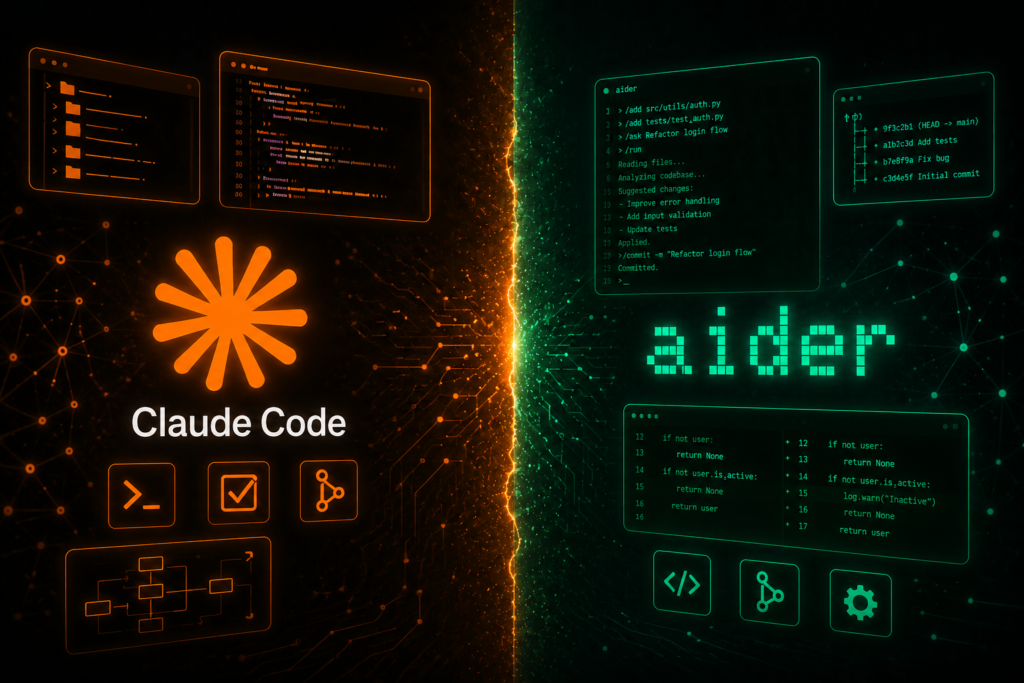 Split-screen comparison graphic of Claude Code and Aider, showcasing AI-powered coding workflows, code editing, repository management, and software development features in a futuristic interface.