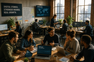 Marketing and public relations professionals collaborating in a modern office, discussing B2B SaaS PR strategy, digital storytelling, media relations, and business growth initiatives.