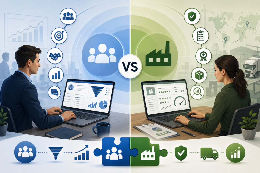 Side-by-side comparison of CRM and SRM software, showing professionals using business management dashboards to optimize customer relationships, supplier performance, sales processes, and supply chain operations.