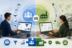 Side-by-side comparison of CRM and SRM software, showing professionals using business management dashboards to optimize customer relationships, supplier performance, sales processes, and supply chain operations.