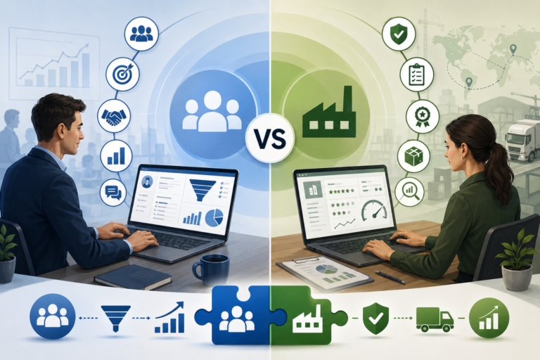 Side-by-side comparison of CRM and SRM software, showing professionals using business management dashboards to optimize customer relationships, supplier performance, sales processes, and supply chain operations.
