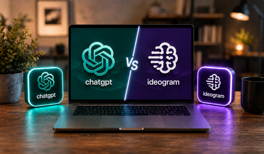 hatGPT vs Ideogram comparison displayed on a laptop screen, featuring glowing AI-themed logos and neon-lit icons on a desk in a modern workspace.