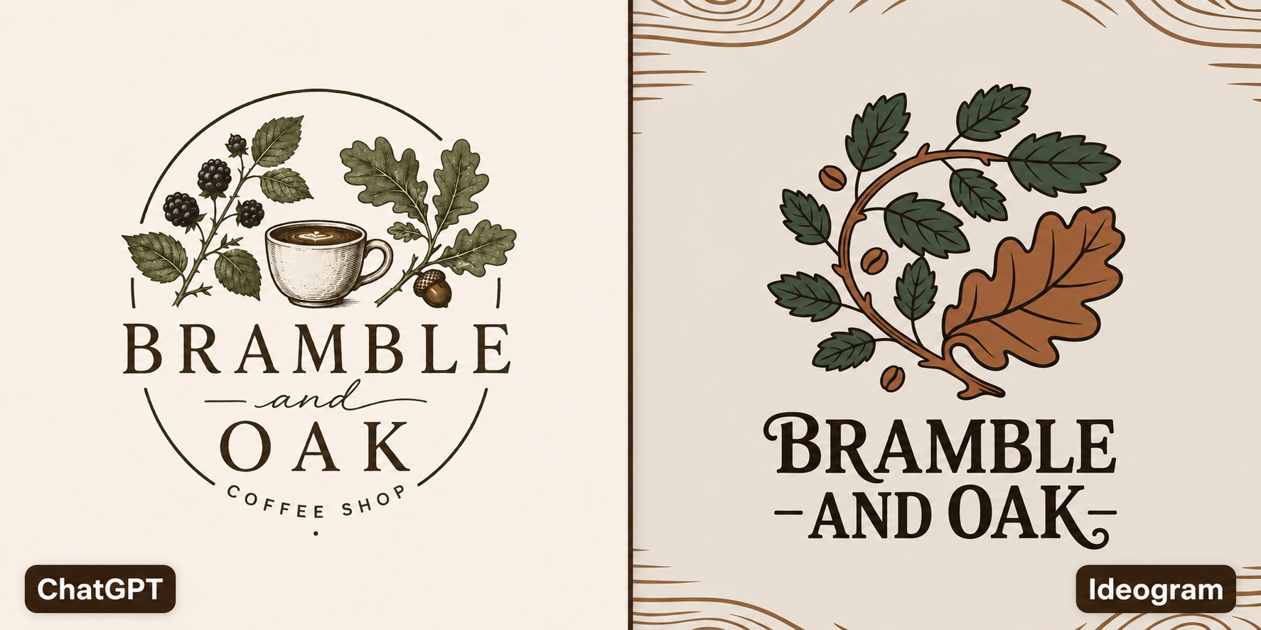 Side-by-side comparison of ChatGPT and Ideogram logo designs for Bramble and Oak Coffee Shop, featuring nature-inspired branding elements and distinctive visual styles.