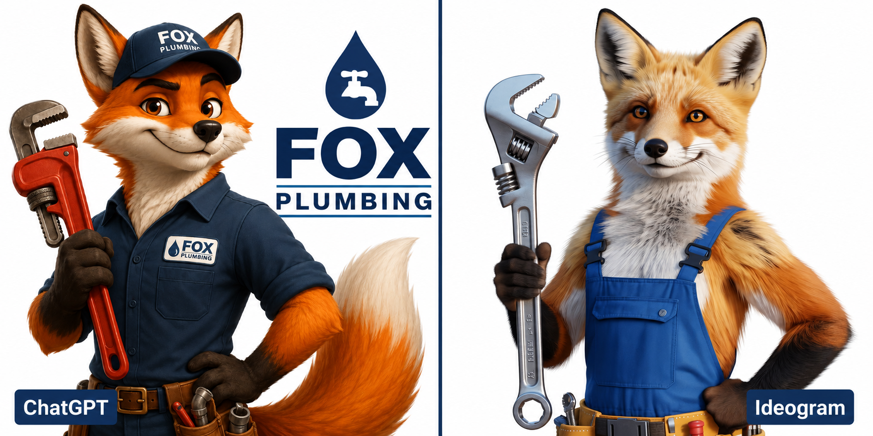 Side-by-side comparison of ChatGPT and Ideogram fox plumber mascot designs, each featuring a fox character holding plumbing tools and wearing work uniforms.