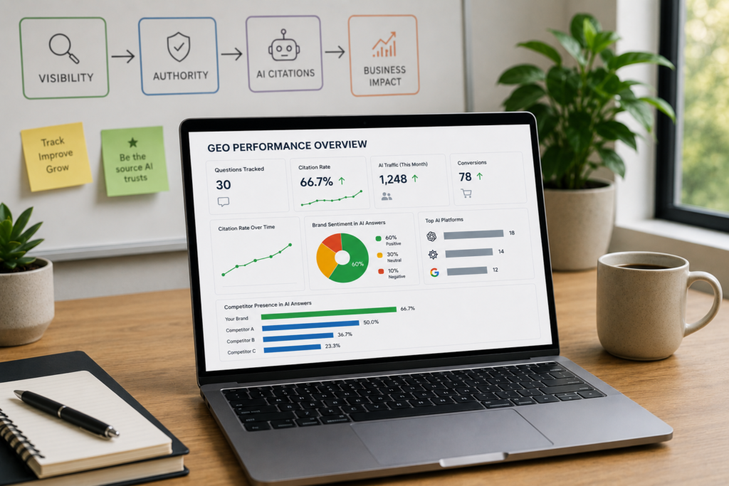 Laptop displaying a GEO performance dashboard with AI citation metrics, visibility tracking, brand sentiment analysis, and competitor benchmarking for generative search optimization.