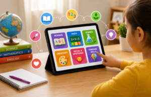 A young child uses a tablet with colorful learning activities for reading, math, science, creativity, and critical thinking while studying at a desk with books and a globe.