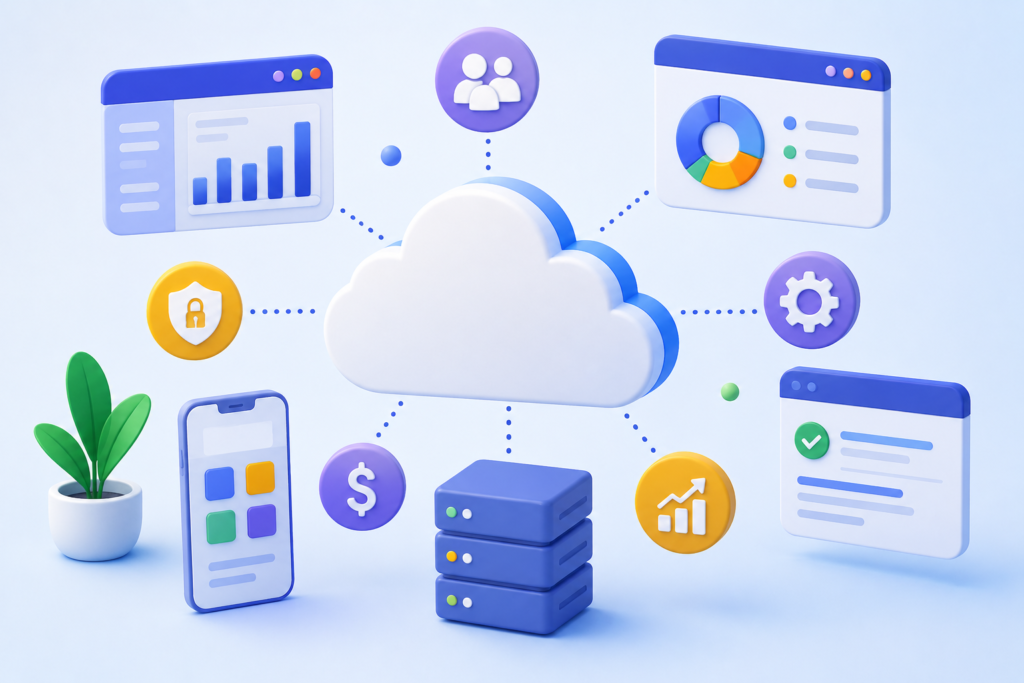 3D cloud computing illustration showing connected business dashboards, mobile app, analytics, security, and server infrastructure.
