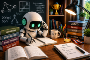A friendly AI robot studying advanced programming concepts at a desk, surrounded by algorithm books, graph theory notes, coding diagrams, and USACO competition level books under a study lamp.