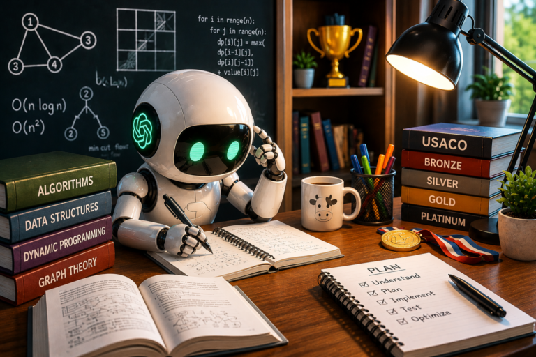 A friendly AI robot studying advanced programming concepts at a desk, surrounded by algorithm books, graph theory notes, coding diagrams, and USACO competition level books under a study lamp.