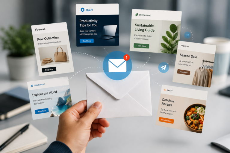 A hand holding an envelope surrounded by various email marketing campaign cards, representing newsletter subscriptions, promotional emails, and digital communication.