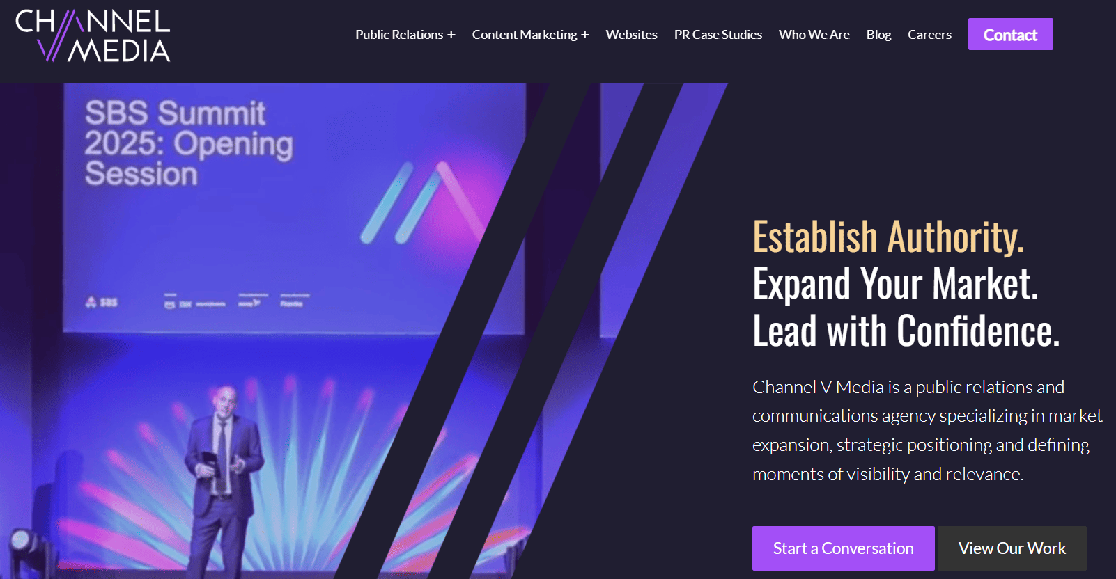 Channel V Media website homepage promoting public relations, content marketing, and strategic communications services, featuring a conference presentation backdrop and market expansion messaging.