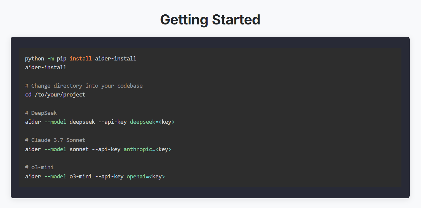Getting Started section from the Aider documentation showing installation commands, project setup steps, and configuration examples for DeepSeek, Claude Sonnet, and OpenAI models.