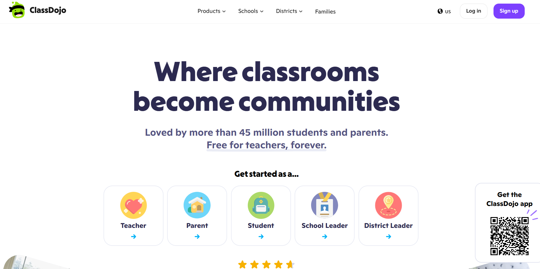 ClassDojo homepage promoting classroom communication and student engagement, featuring options for teachers, parents, students, school leaders, and districts.