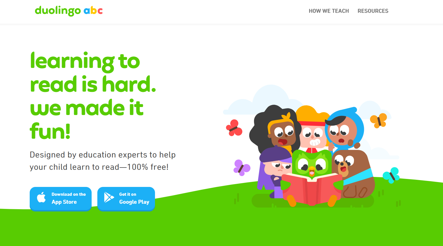 Duolingo ABC homepage promoting a free reading app for children, featuring colorful characters reading a book and app download buttons.