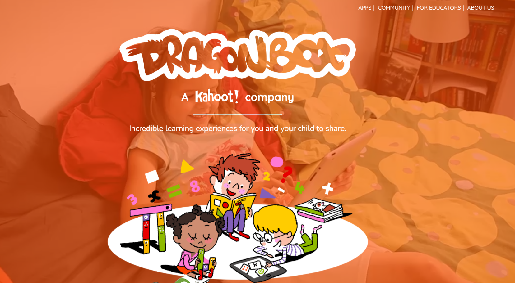 DragonBox homepage showing a child using a tablet with colorful cartoon characters and promoting interactive educational games for children.