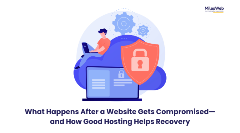 Illustration showing website security recovery after a cyberattack, featuring a cloud server, security shield, lock icon, and user managing a protected hosting environment.