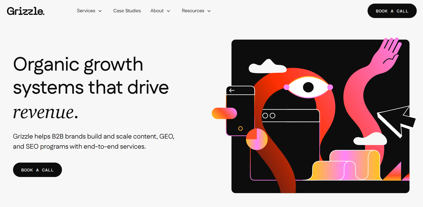 Grizzle homepage promoting organic growth services for B2B brands, featuring messaging about SEO, GEO, content marketing, revenue growth, and a call-to-action to book a consultation.