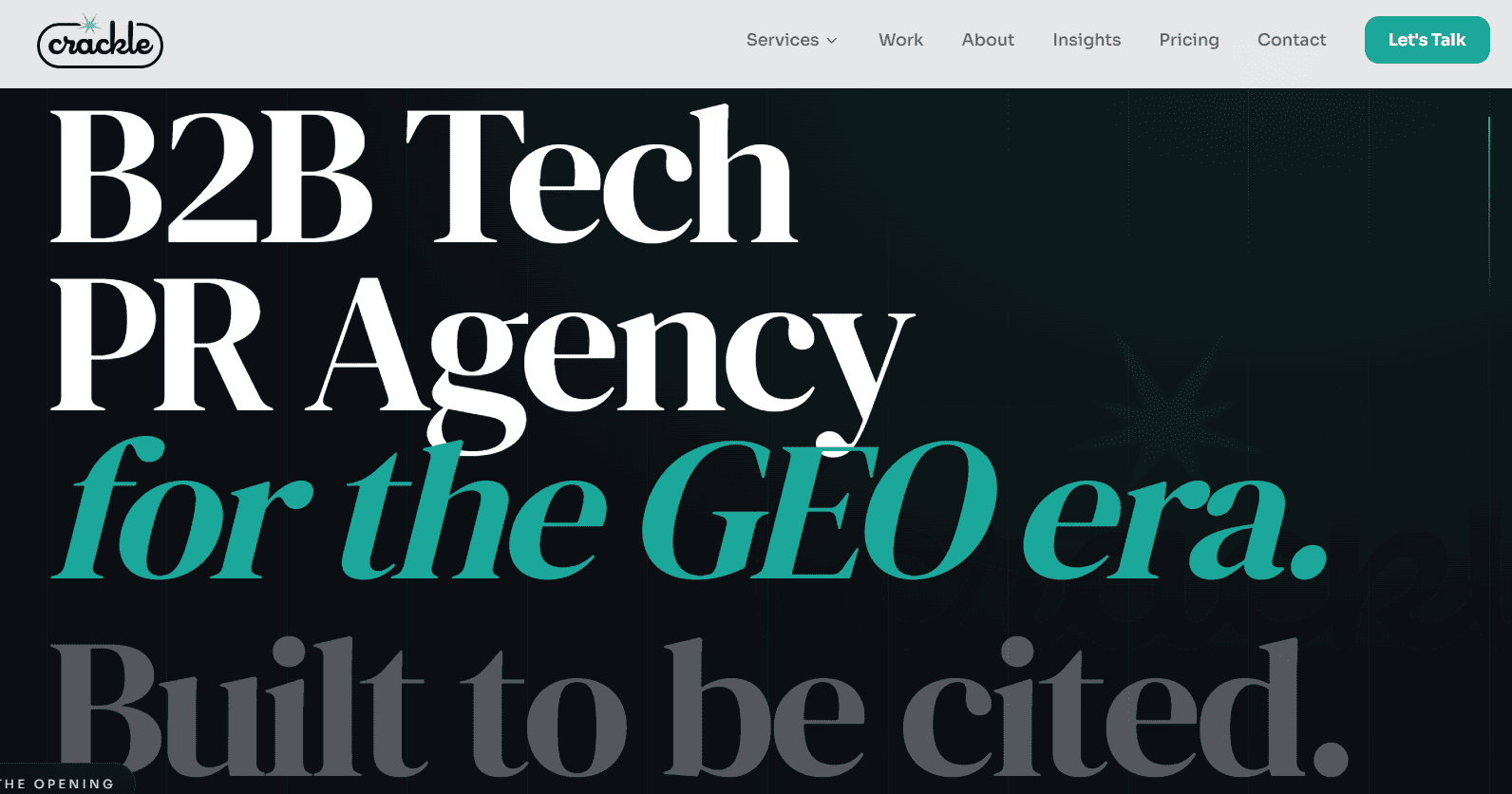 Crackle PR homepage promoting B2B technology public relations services, featuring a bold headline about GEO-era PR, media visibility, and thought leadership for tech companies.