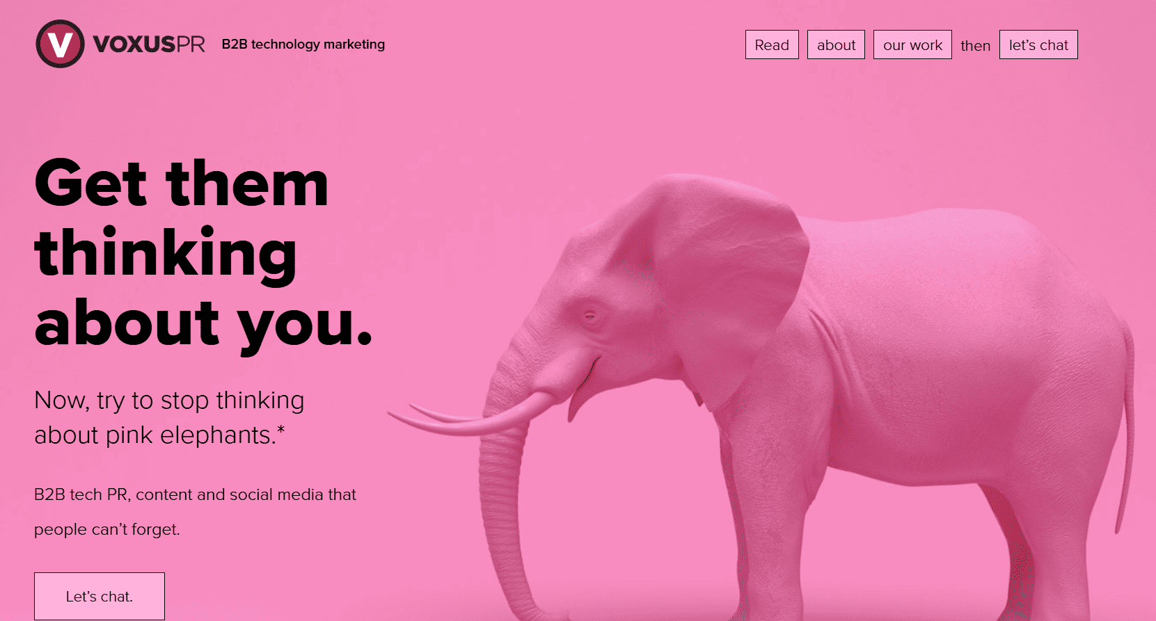 Voxus PR homepage featuring a pink elephant illustration and messaging about B2B technology PR, content marketing, social media strategy, and memorable brand communications.