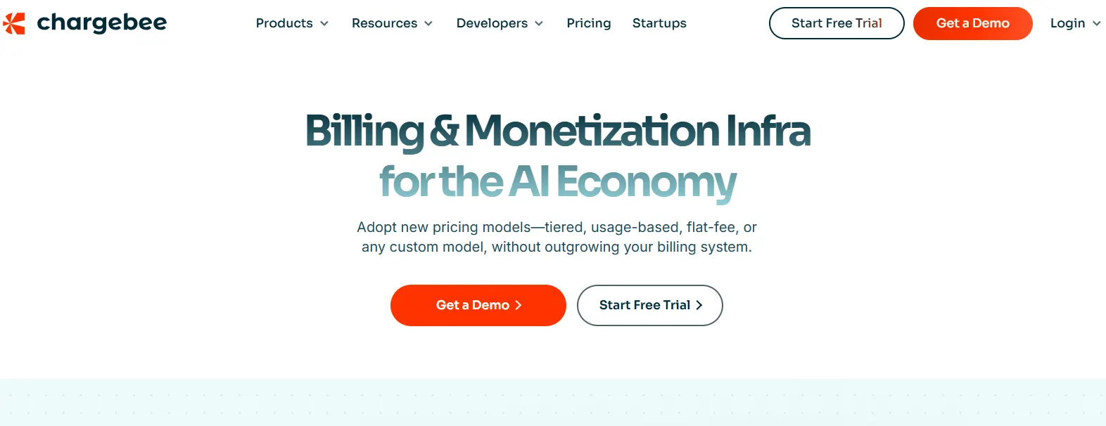 Chargebee homepage showcasing its SaaS billing and monetization platform for the AI economy with options for usage-based billing, free trial, and demo.