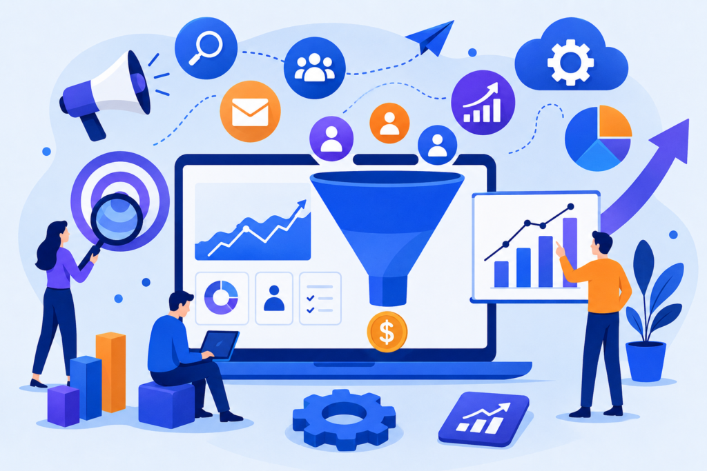 Flat vector illustration showing a SaaS demand generation workflow with a marketing funnel, laptop dashboard, analytics charts, growth icons, and business professionals collaborating in a modern digital marketing environment.