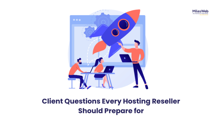 Illustration of a hosting reseller presenting a rocket launch strategy to clients, representing business growth, web hosting, and reseller hosting success.