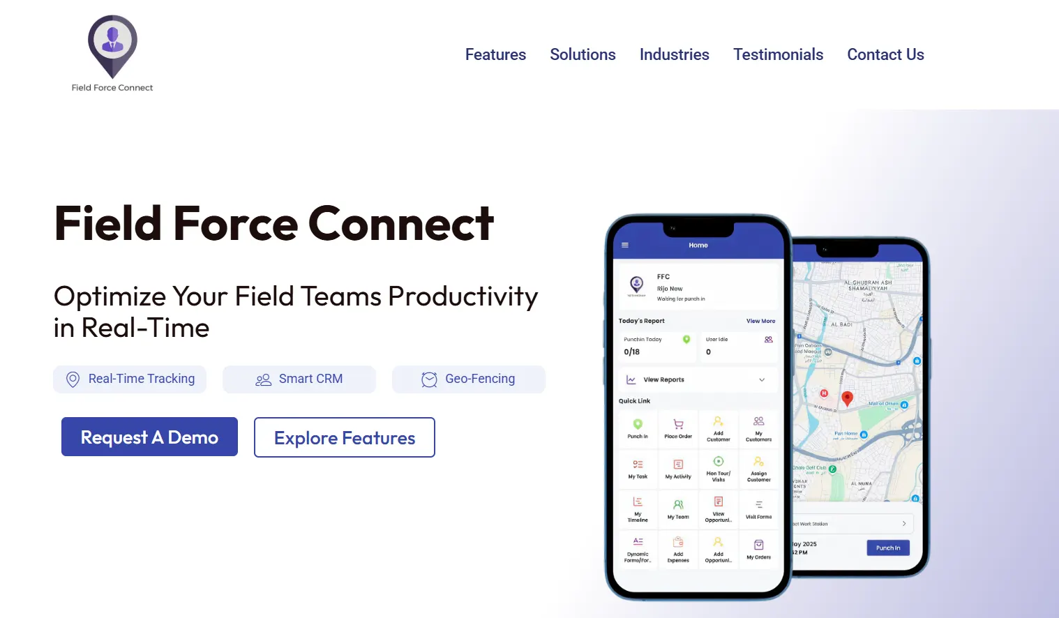 Field Force Connect field service management software displaying real-time GPS tracking, smart CRM, geo-fencing, and mobile workforce management features.