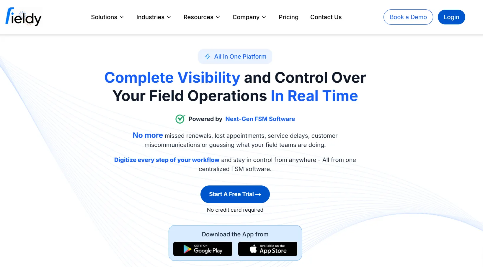 Fieldy field service management software homepage featuring real-time field operations, technician scheduling, workflow automation, and service management.